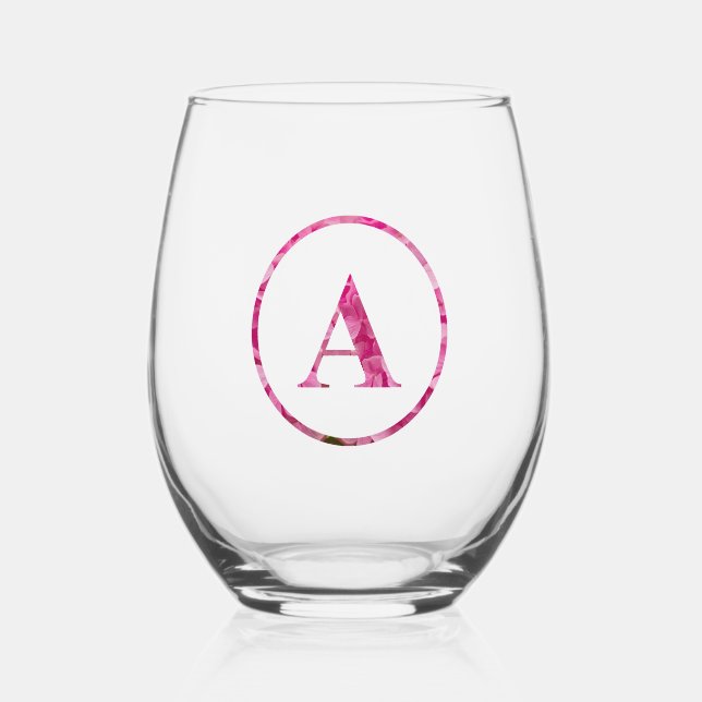 Blooming Pink Floral Monogram Lettering Art "A" Stemless Wine Glass (Front)