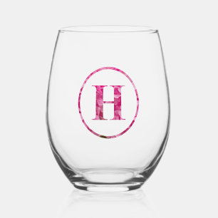 Blooming Pink Floral Monogram Lettering Art "H" Stemless Wine Glass