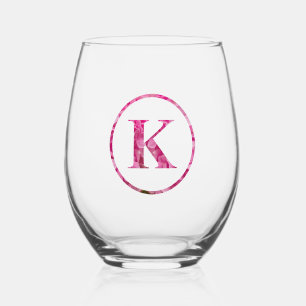 Blooming Pink Floral Monogram Lettering Art "K" Stemless Wine Glass