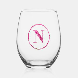 Blooming Pink Floral Monogram Lettering Art "N" Stemless Wine Glass