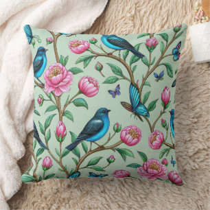 Blooming Pink Flowers Songbirds Green Leaves Mint Cushion