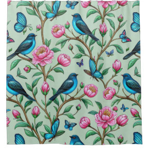 Blooming Pink Flowers Songbirds Green Leaves Mint Shower Curtain