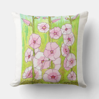Blooming Pink Hollyhocks Watercolor Cushion