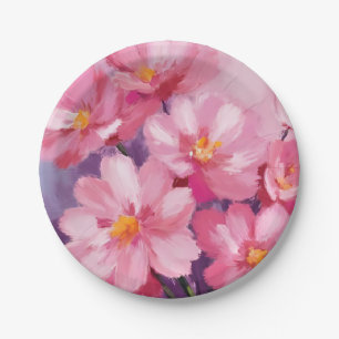 Blooming Pink Petals Flower Painting Watercolor Paper Plate