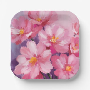 Blooming Pink Petals   Flower Painting Watercolor Paper Plate