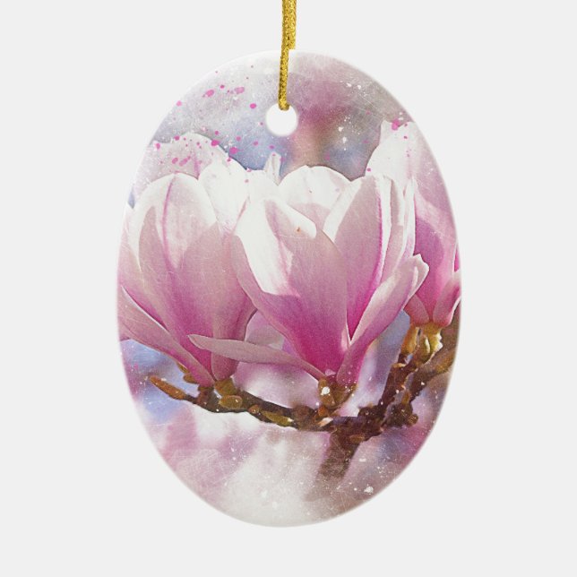 Blooming Pink Purple Magnolia - Spring Flower Ceramic Tree Decoration (Front)