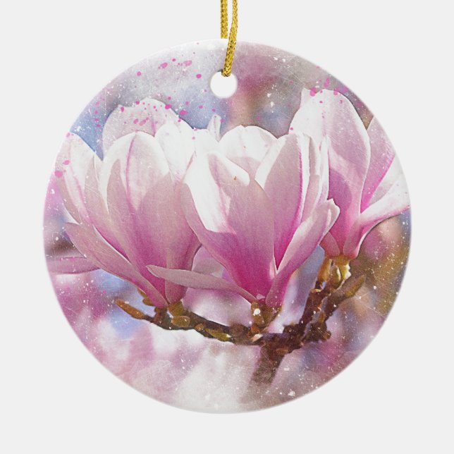 Blooming Pink Purple Magnolia - Spring Flower Ceramic Tree Decoration (Front)