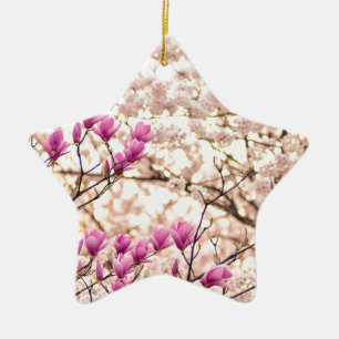 Blooming Pink Purple Magnolias Spring Flower Ceramic Tree Decoration