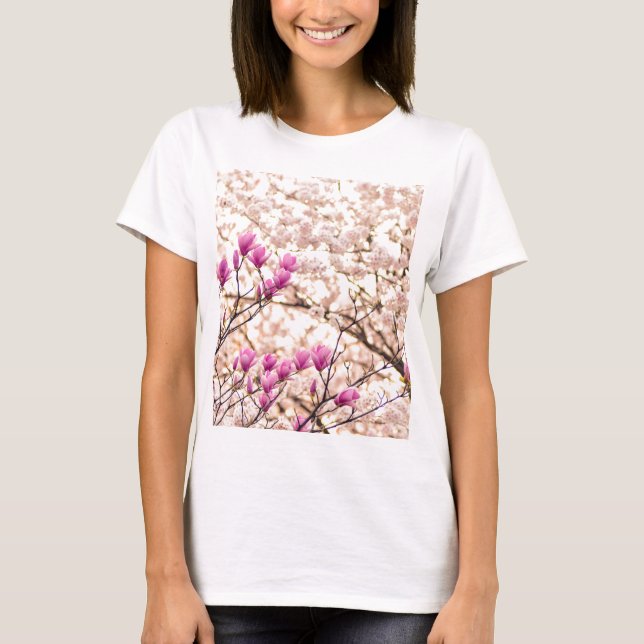 Blooming Pink Purple Magnolias Spring Flower T-Shirt (Front)