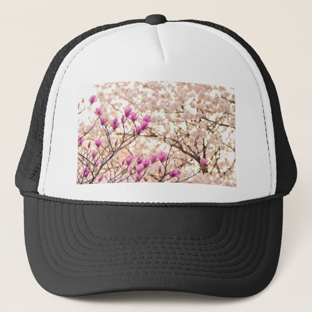 Blooming Pink Purple Magnolias Spring Flower Trucker Hat (Front)