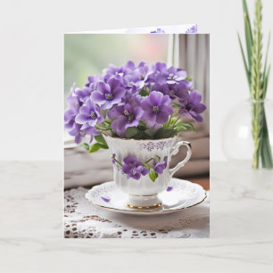 Blooming Purple Violets in Teacup Holiday Card