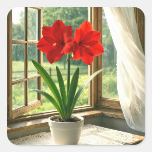 Blooming Red Amaryllis in Sunny Window Square Sticker