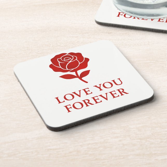 Blooming Red Rose Forever Message Valentine Coaster (Left Side)