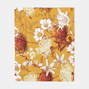 Blooming Retro: Unfinished Floral Line Art Fleece Blanket