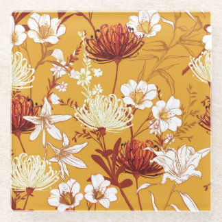 Blooming Retro: Unfinished Floral Line Art Glass Coaster