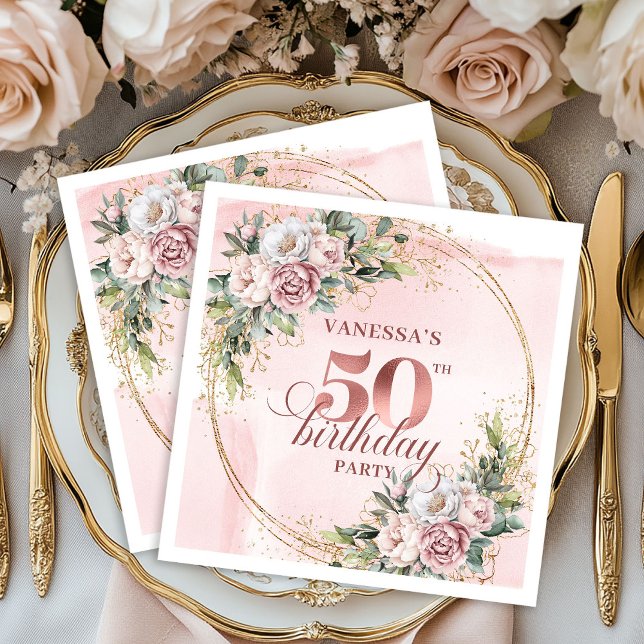 Blooming Rose Gold Blush Floral 50th Birthday  Napkin (Blooming Rose Gold Blush Floral 50th Birthday Dinner Napkins

)