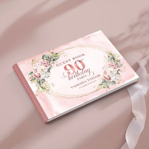 Blooming Rose Gold Floral Greenery 90th Birthday Guest Book
