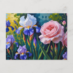 Blooming Roses and Purle Iris Flowers  Holiday Postcard
