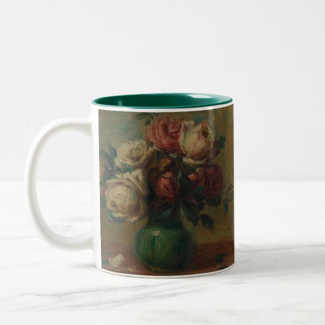 Blooming Roses in a Vase by Pierre Renoir Classic Two-Tone Coffee Mug (Left)