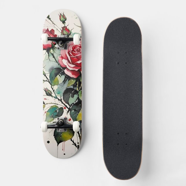 Blooming Roses Watercolor Skateboard (Front)