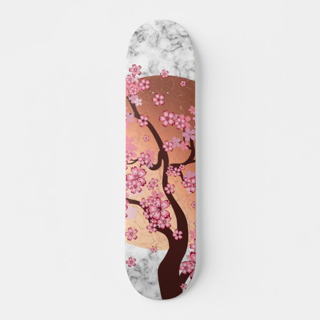 Blooming Sakura Branch over golden sun on marble Skateboard (Front)