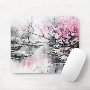 Blooming Sakura over River Ink Painting Mouse Pad