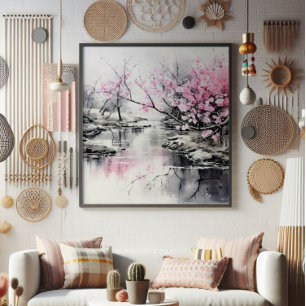 Blooming Sakura over River Ink Painting Photo Print