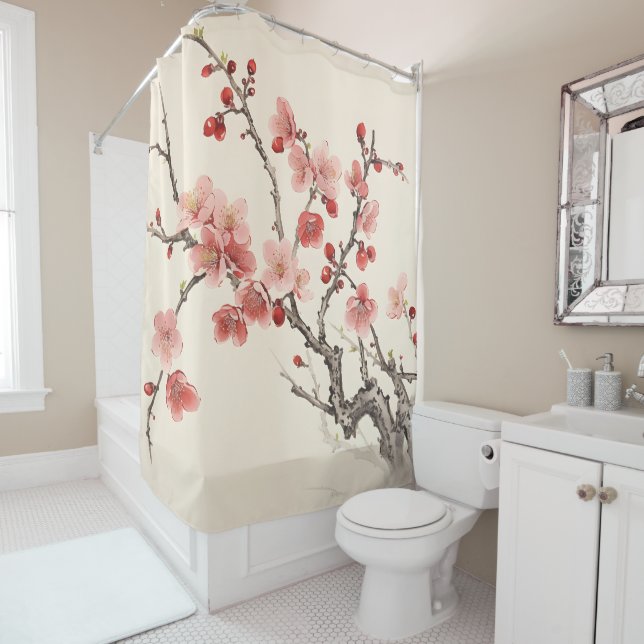 Blooming Sakura Traditional Painting Shower Curtain (In Situ)