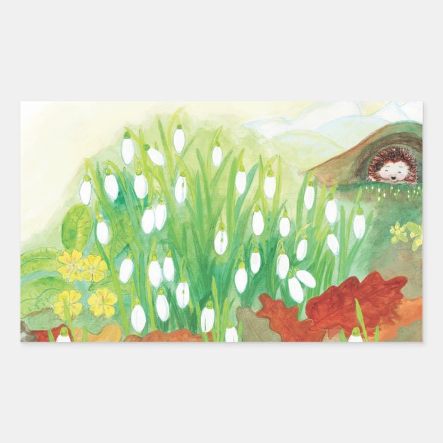 Blooming Snowdrops and a Hedgehog Illustration  Rectangular Sticker (Front)