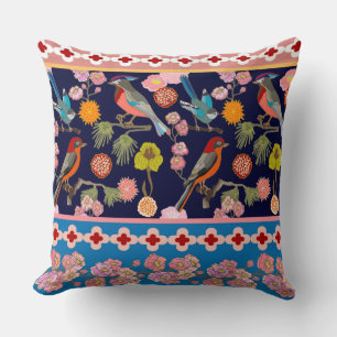 Blooming Summer Flowers and Playful Paradise Birds Cushion