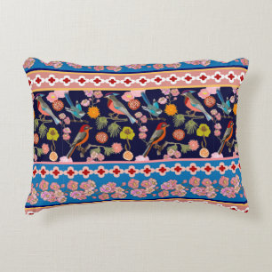 Blooming Summer Flowers and Playful Paradise Birds Decorative Cushion
