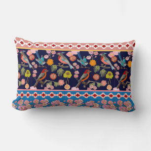 Blooming Summer Flowers and Playful Paradise Birds Lumbar Cushion