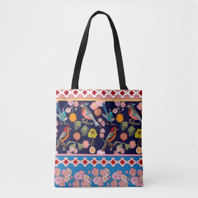 Blooming Summer Flowers and Playful Paradise Birds Tote Bag (Front)