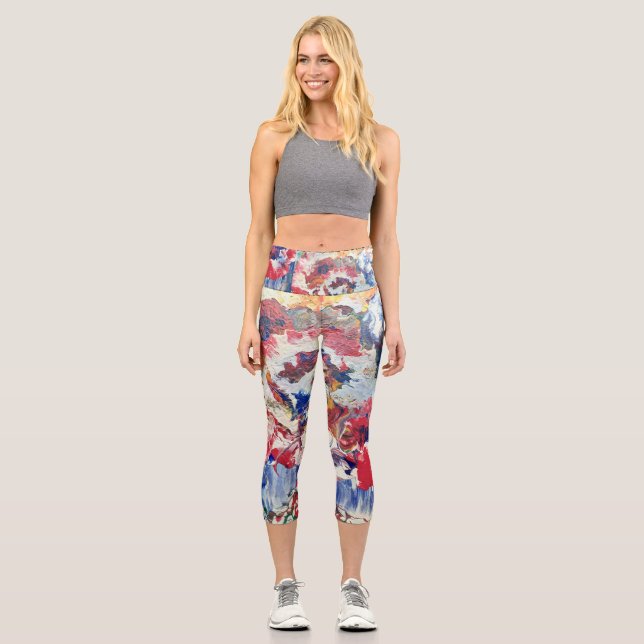 Blooming tree abstract red white blue yellow capri leggings (Front)