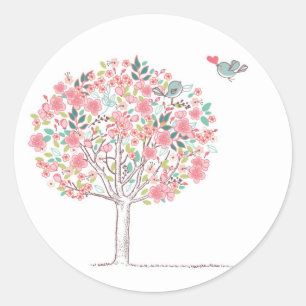 Blooming Tree and Birds in Love Classic Round Sticker