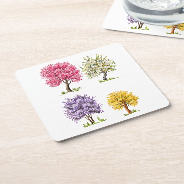 Blooming trees, imaginary colors. square paper coaster (Angled)