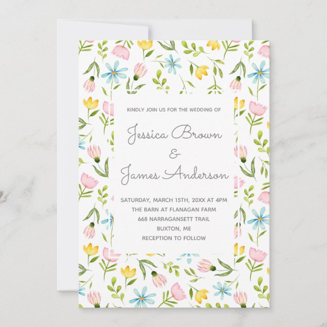 Blooming Watercolor Spring Paste Flowers Wedding Invitation (Front)