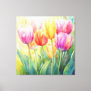 Blooming Watercolor Spring Tulip Garden Canvas Print