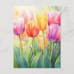 Blooming Watercolor Spring Tulip Garden Holiday Postcard