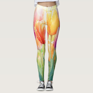 Blooming Watercolor Spring Tulip Garden Leggings