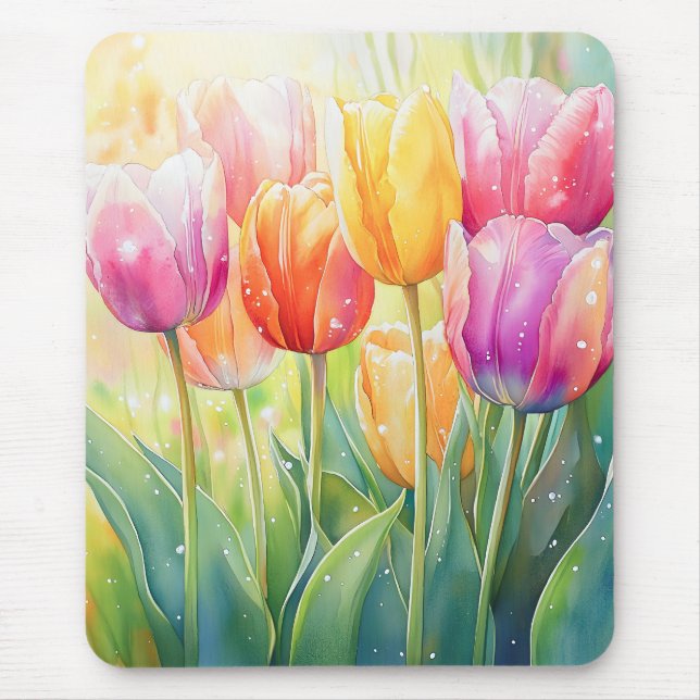 Blooming Watercolor Spring Tulip Garden Mouse Pad (Front)
