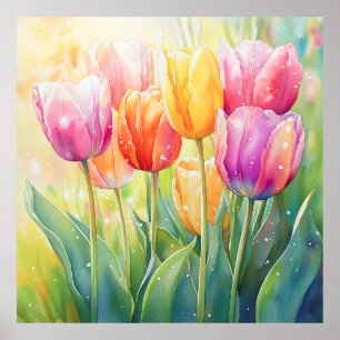 Blooming Watercolor Spring Tulip Garden Poster