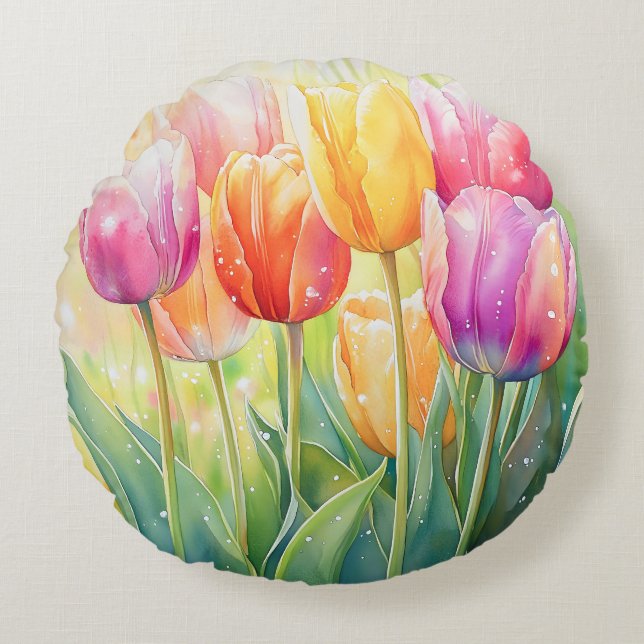 Blooming Watercolor Spring Tulip Garden Round Cushion (Front)