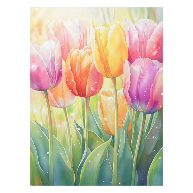 Blooming Watercolor Spring Tulip Garden Tablecloth (Front)