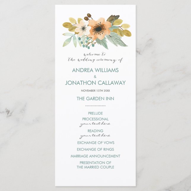 Blooming Watercolor Wedding Program Programme (Front)
