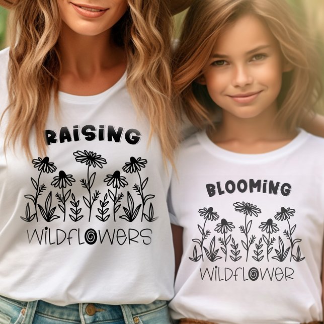Blooming Wildflower Black White Matching Mummy Me T-Shirt (Mommy and Me tees with black and white wildflower design .. mom and kid shirts sold separately)