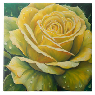 Blooming Yellow Rose with Water Drops Tile