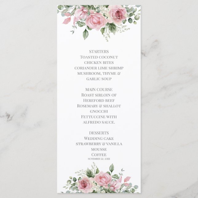 Blooms Bites Watercolor Peony Floral Wedding Menu (Front)