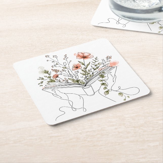 Blooms Book Botanical Line Art Square Paper Coaster (Angled)