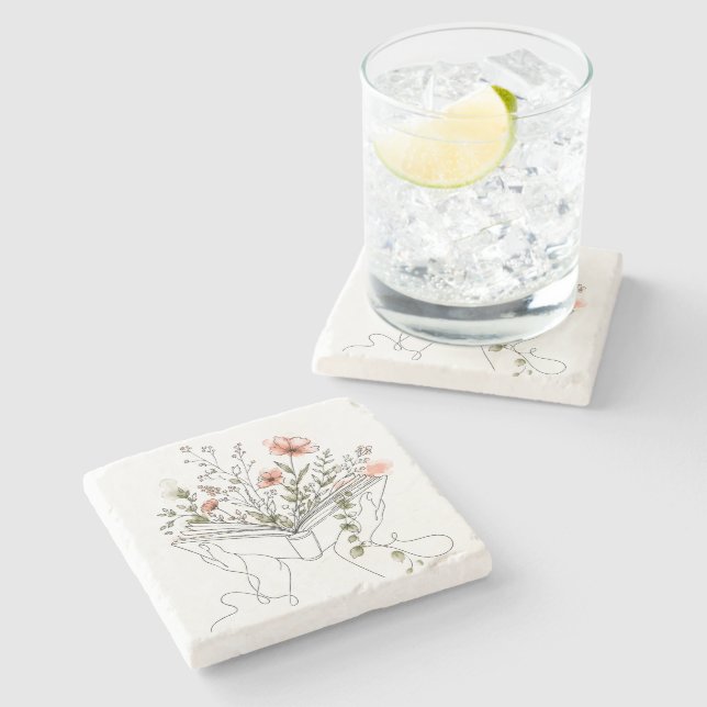 Blooms Book Botanical Line Art Stone Coaster (Side)